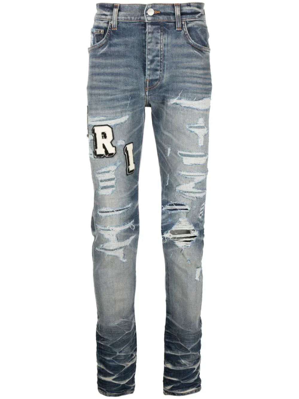 Pantalon Jean Bleu Déchiré avec Patch Appliqué
