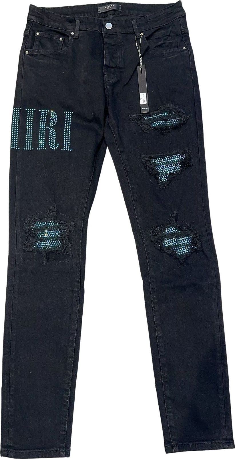 Amiri Pantalon Denim Noir Distressed avec Détails Rhinestones