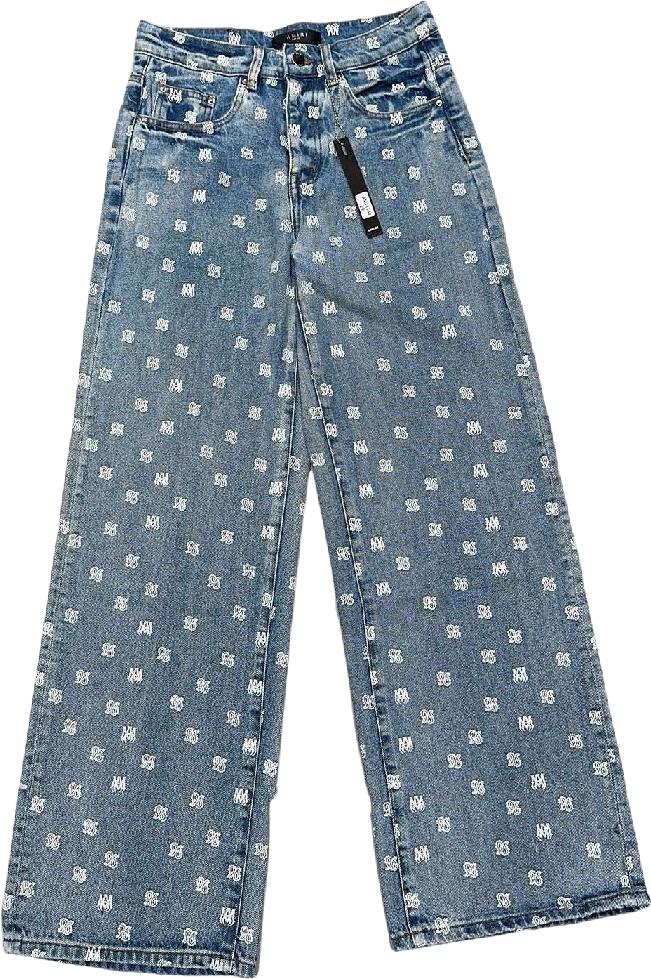 Pantalon Jean Large Motif Monogramme All-Over Bleu Délavé