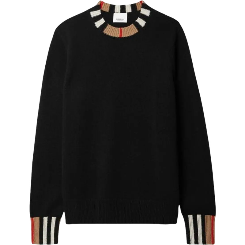 Pull col rond noir à détails rayés multicolores