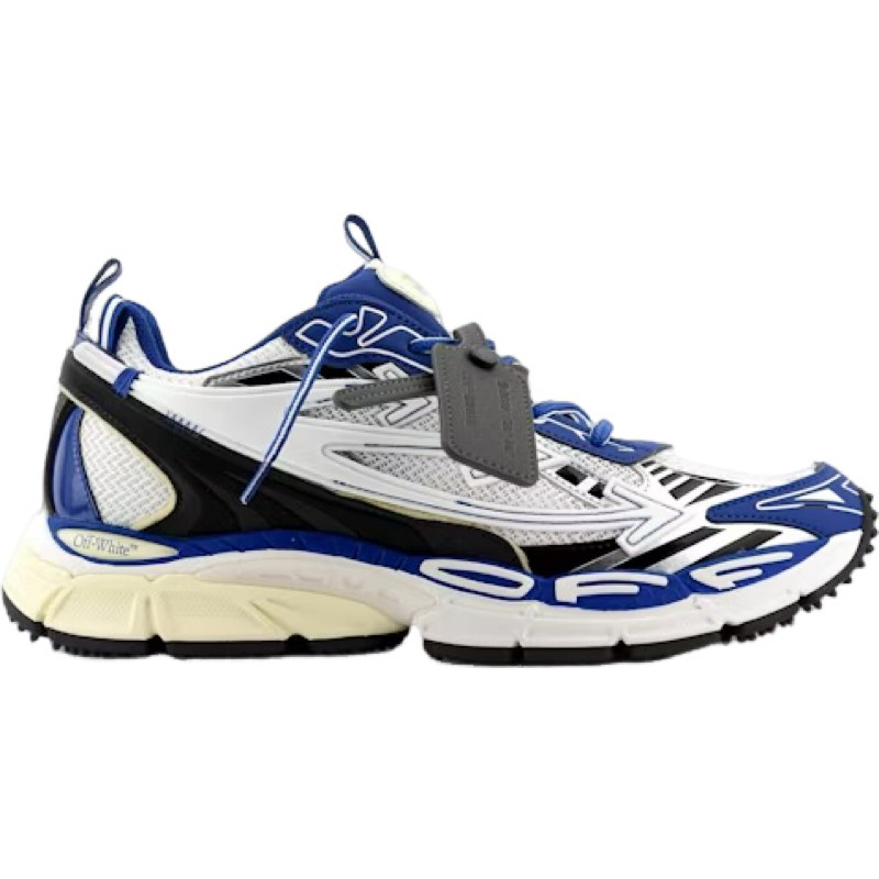 Sneaker de sport blanche, bleue et noire avec design aérodynamique