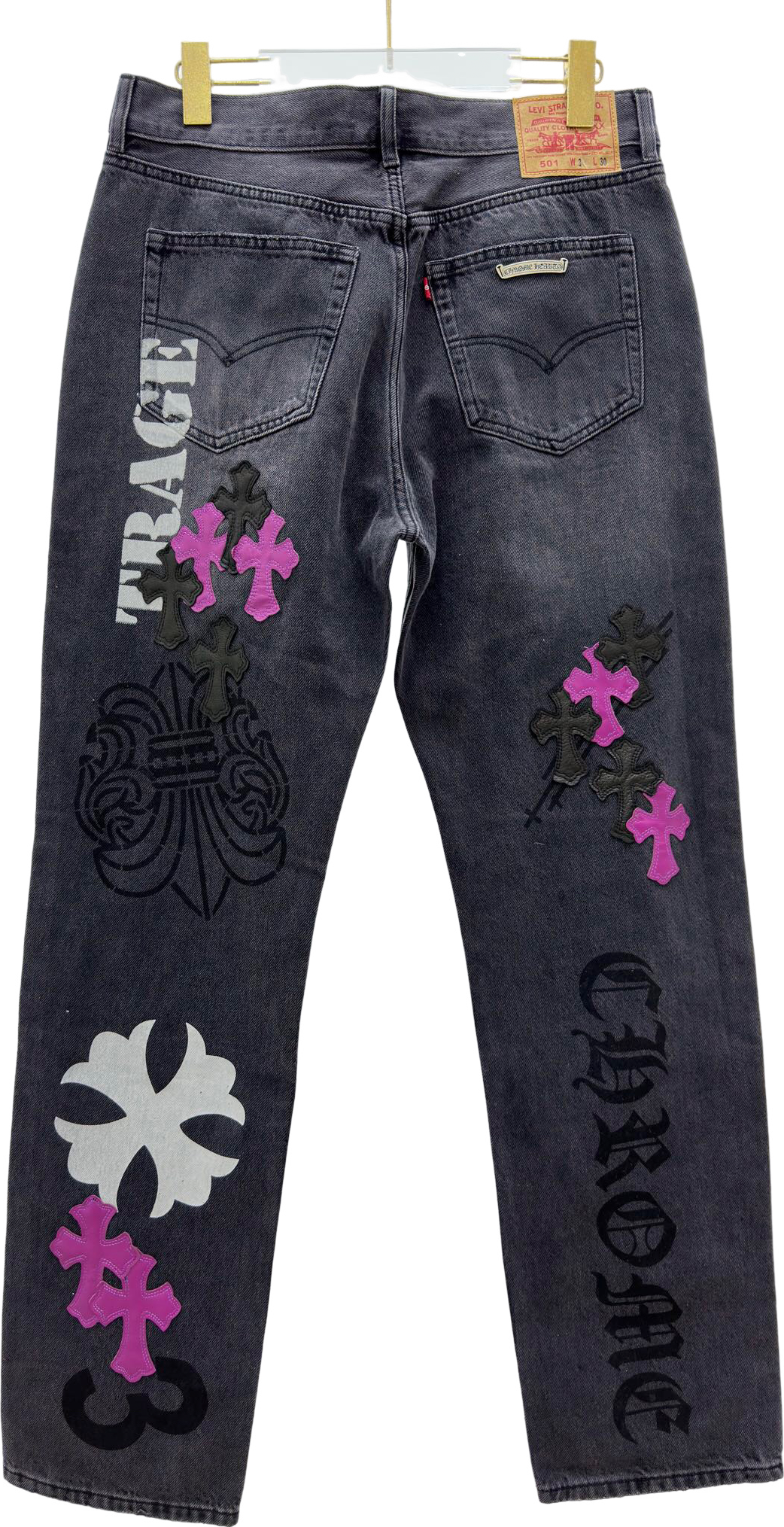 Chrome Hearts Levi's 501 Jeans Noir Motifs Croix Rose et Blanc
