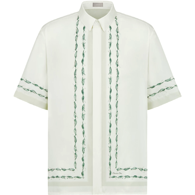 Chemise Christian Dior Soie Motif Feuillages Vert et Blanc