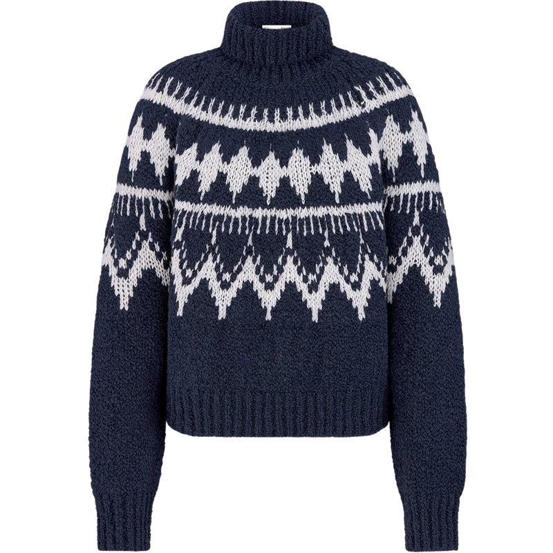 Pull à col roulé jacquard géométrique bleu marine et blanc