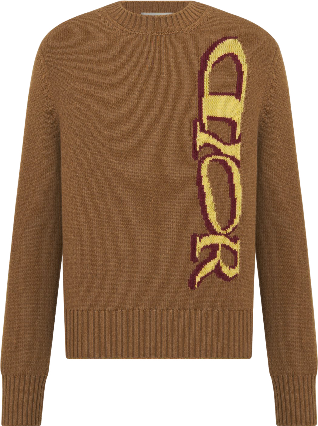 Pull en maille côtelée camel avec motif abstrait jaune et bordeaux
