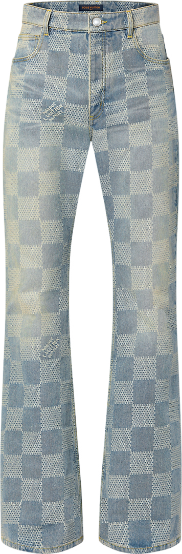 Pantalon Denim Damier Bleu Clair et Écru