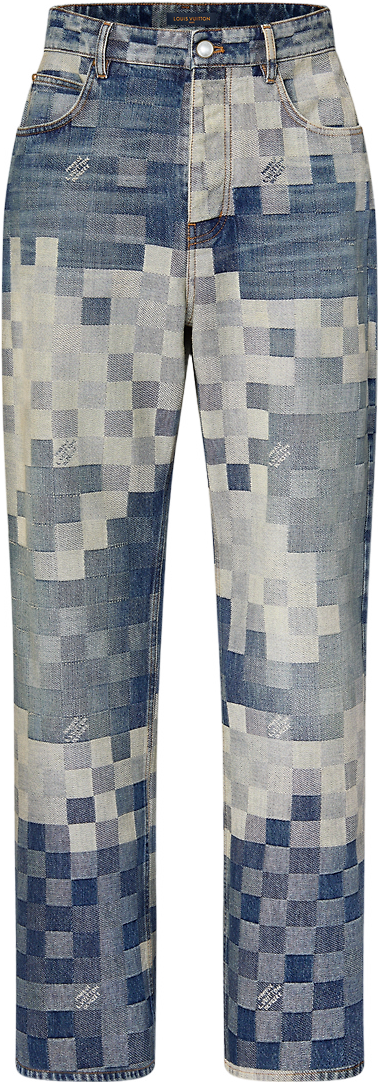 Pantalon Jeans Patchwork Carreau Bleu et Écru