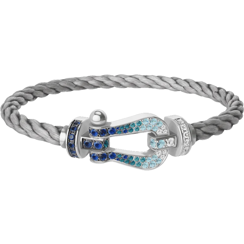 Bracelet Jonc Corde Grise Boucle Strass Bleu et Turquoise