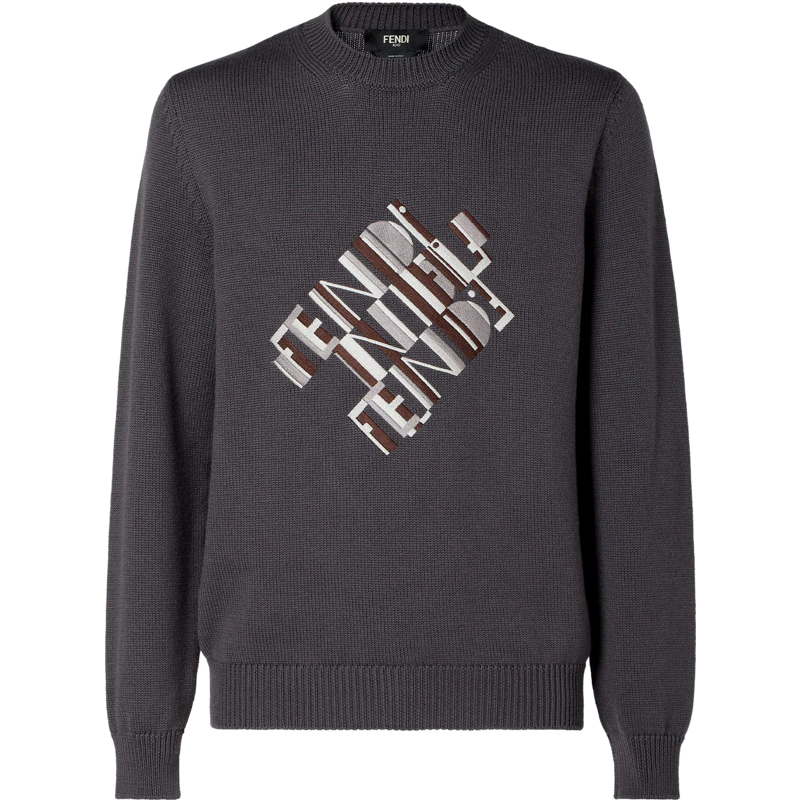 Pull Fendi Gris Anthracite Logo Intarsia
