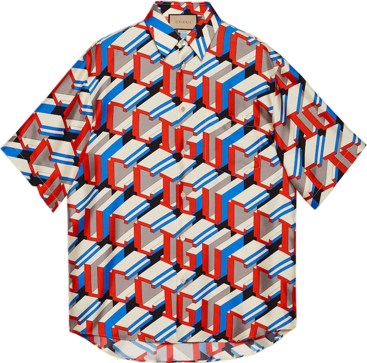 Gucci Chemise Manches Courtes Motif Géométrique 3D Bleu Rouge Crème