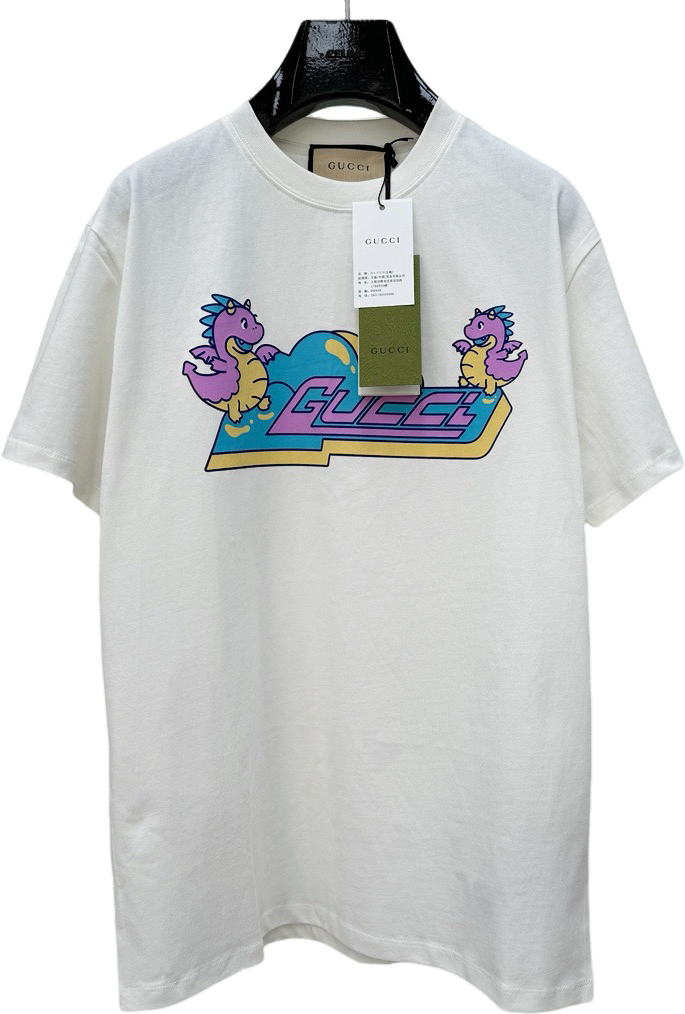 Gucci T-shirt Blanc Imprimé Dragons et Logo Gucci