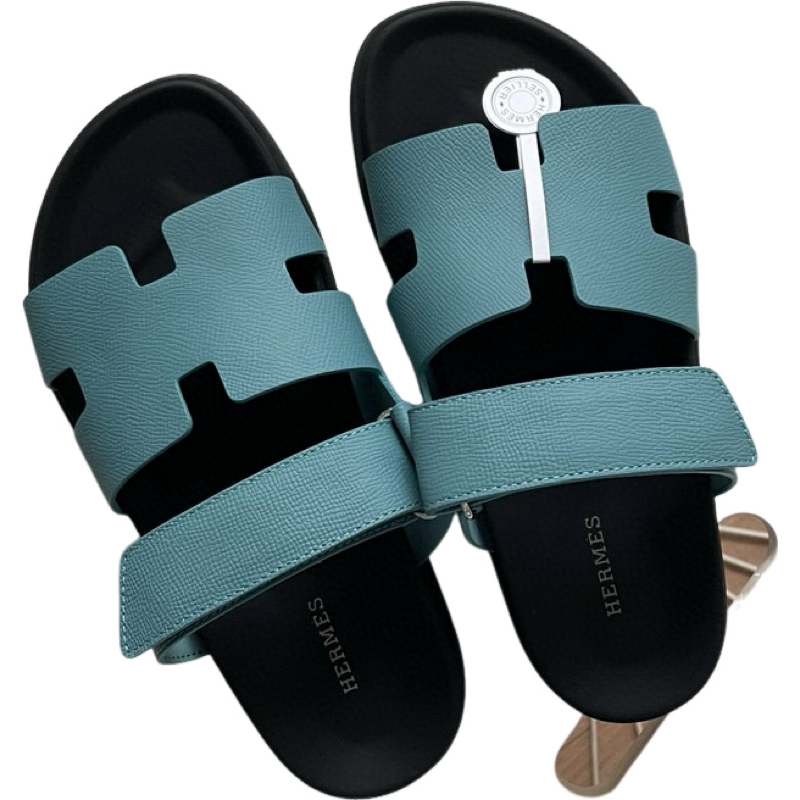 Hermès Chypre Sandales Cuir Epsom Bleu Ciel et Noir
