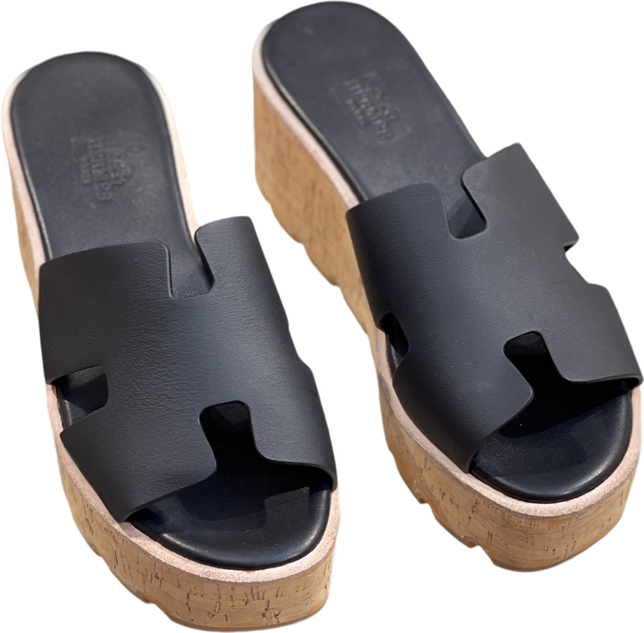 Sandales Hermès Oran en Cuir Noir et Liège