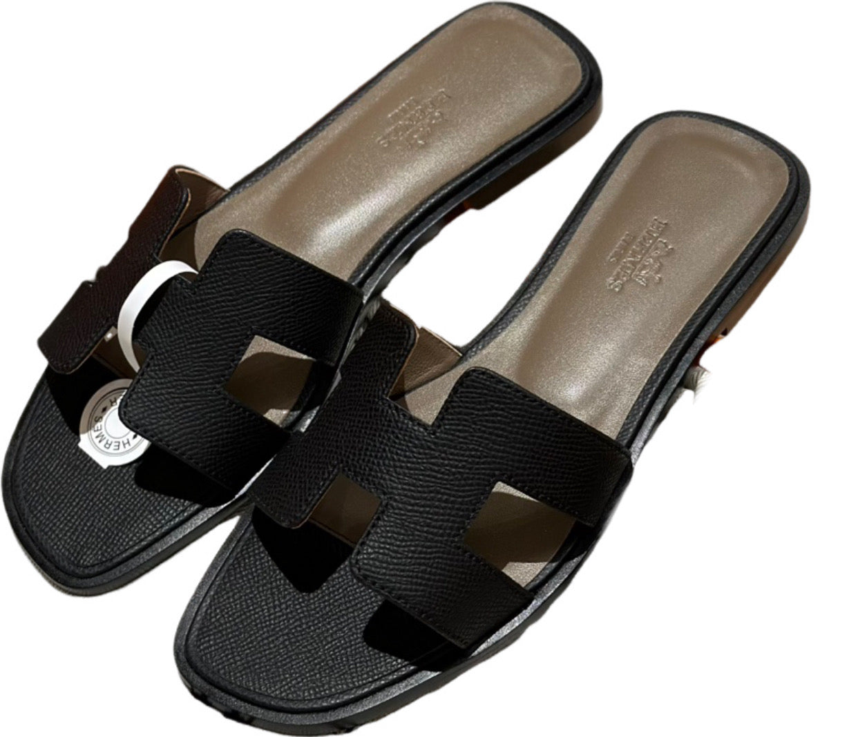 Hermès Oran Slide Sandal in Black Canvas with Brown Leather
