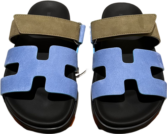 Sandales Hermès Chypre Bicolores Cuir Suédé Bleu et Beige